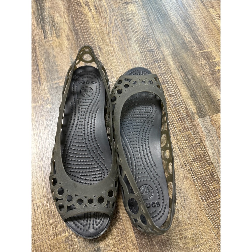 Crocs Adrina Peep Toe Flats Womens Size 9 Black Smoke Cutout Jelly Shoes - Picture 8 of 15